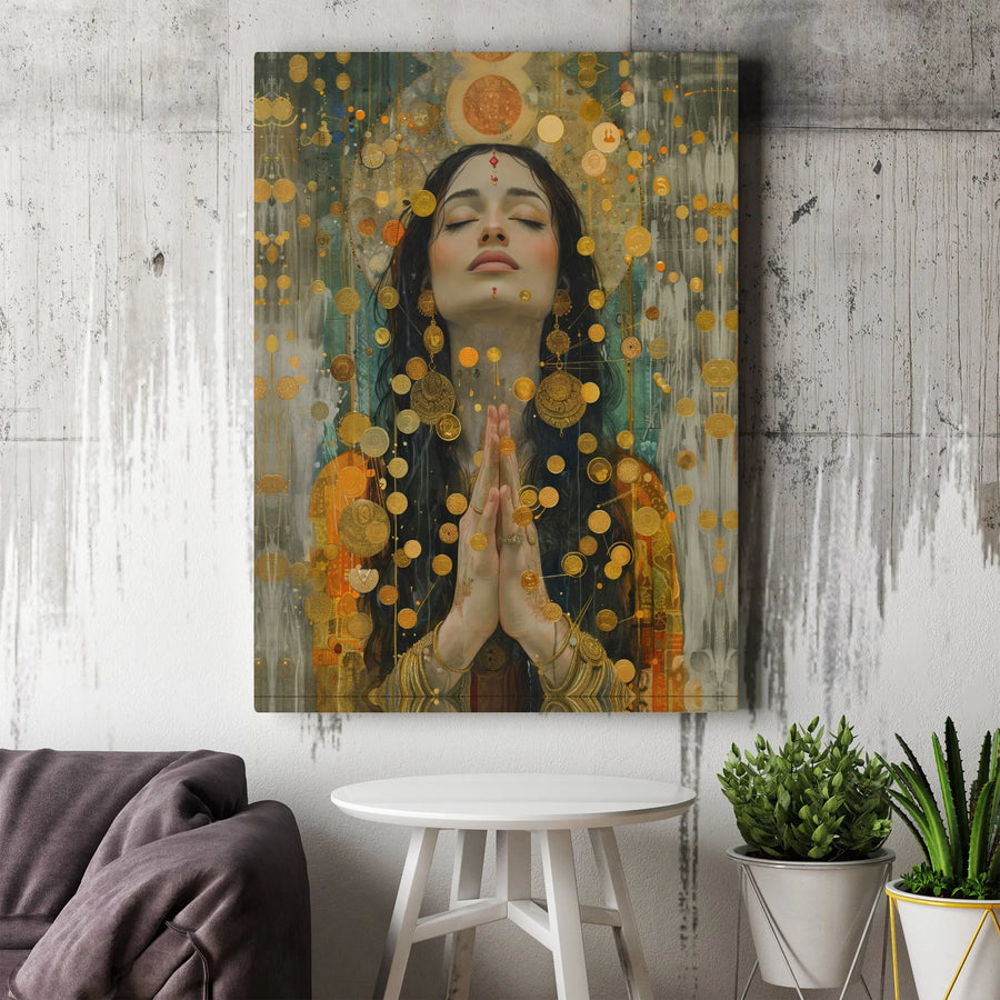 Meditating Woman Canvas Print | Ethereal Goddess Gold Coin Art | Premium Gallery Wrap Wall Decor | Spiritual Zen Gift For Home Office