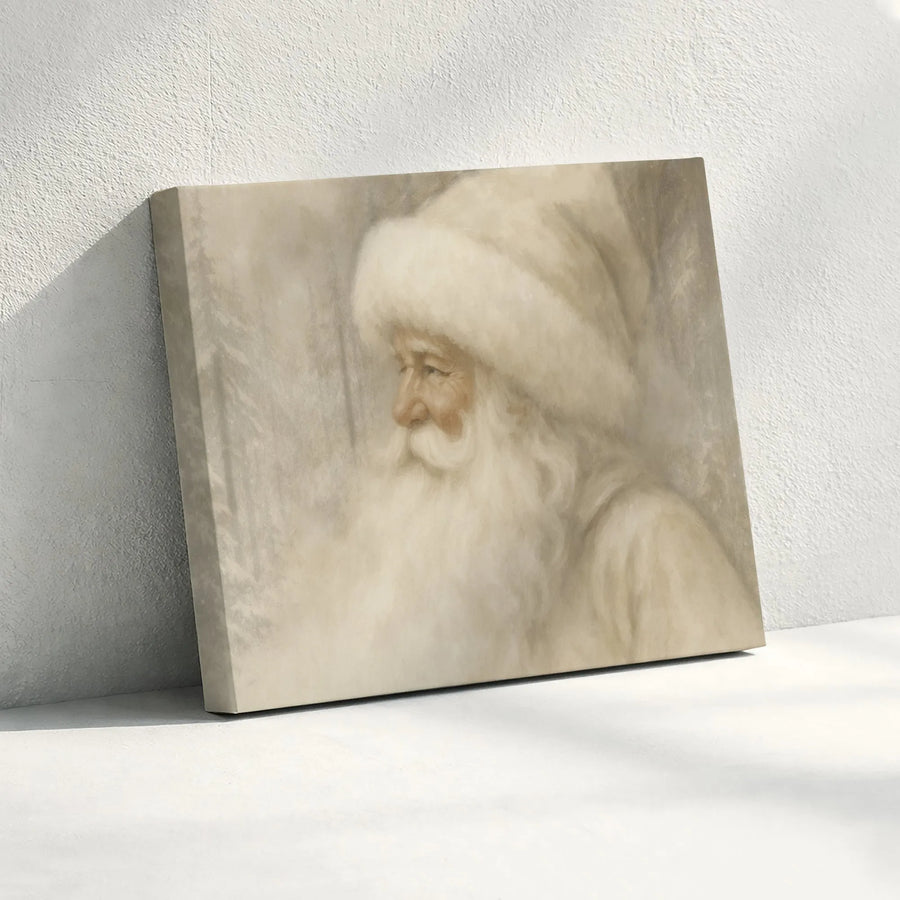 Vintage Santa Claus Wall Art | Neutral Snowy Forest Portrait | Premium 1.25-Inch Framed Canvas | Elegant Christmas Home Decor Gift