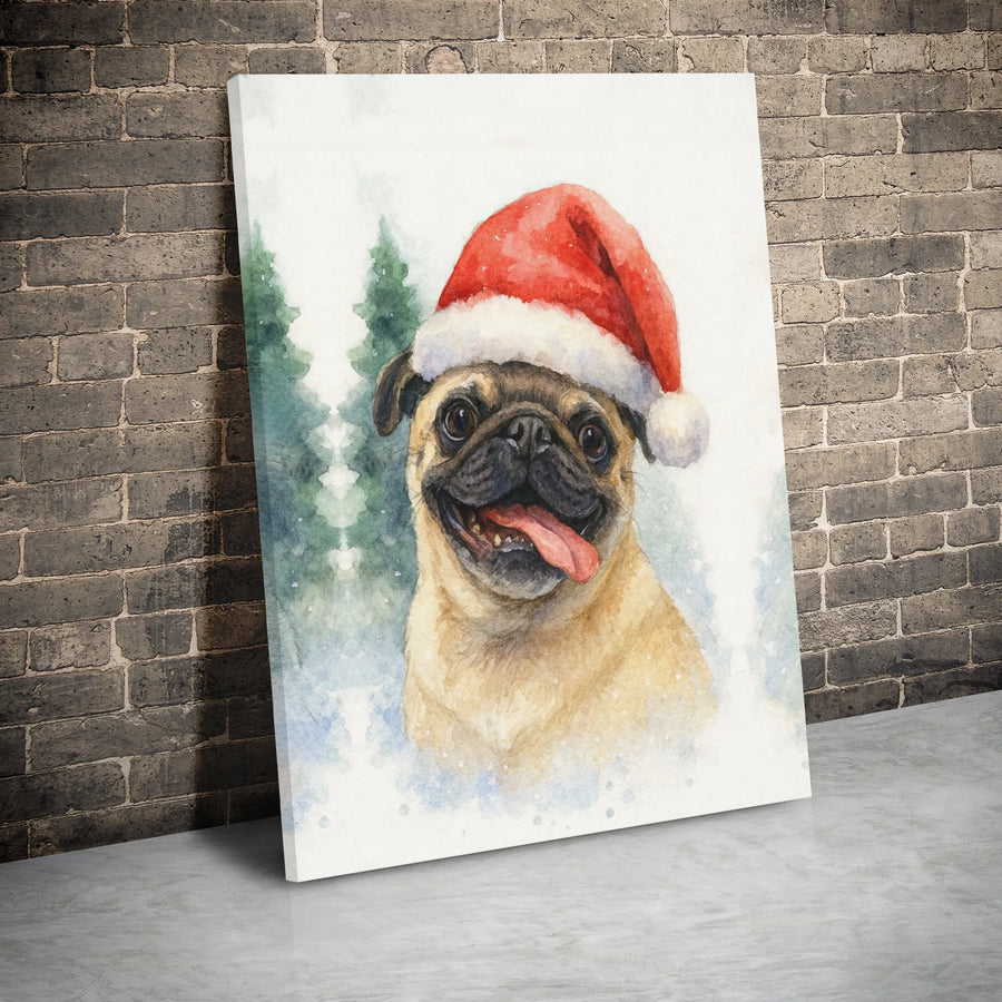 Watercolor Christmas Pug Canvas Art | Festive Puppy in Santa Hat Wall Decor | Gallery Wrapped Premium Print | Holiday Gift for Dog Lovers
