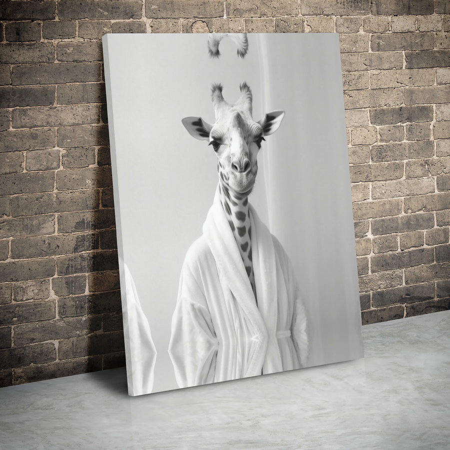Giraffe in Bathrobe Canvas Wall Art | Quirky Animal Bathroom Decor | Premium Gallery Wrapped Print | Funny Spa Themed Home Gift