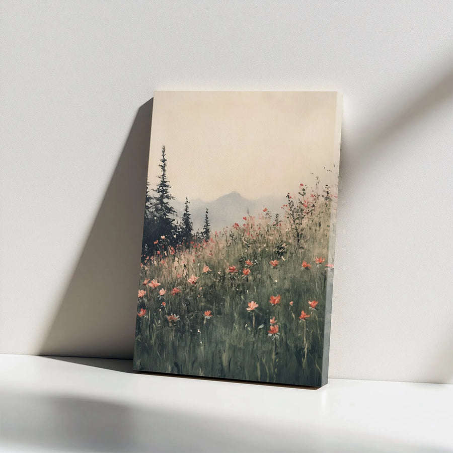 Wildflower Meadow Canvas Wall Art | Vintage Mountain Landscape Painting | Premium Gallery Wrapped Canvas | Boho Farmhouse Living Room Decor