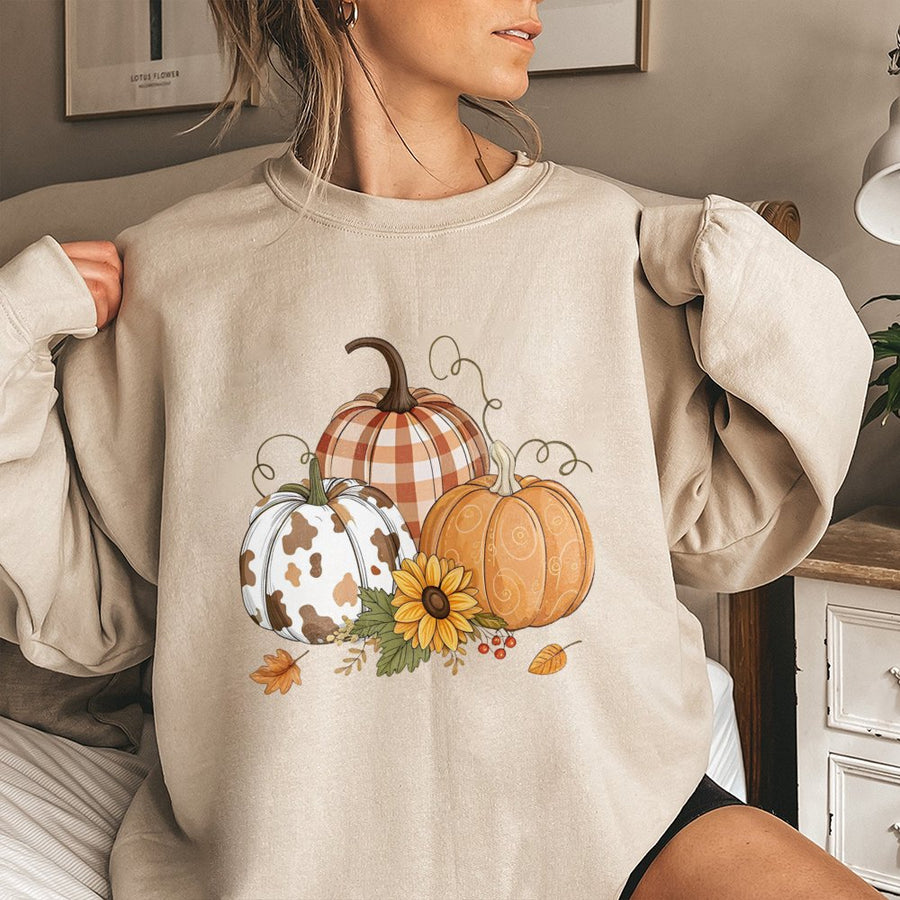 Fall Pumpkin Sweatshirt | Rustic Floral Cow Print Design | Premium Cotton Blend | Cozy Thanksgiving Aesthetic Gift For Women