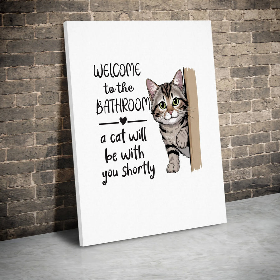 Funny Cat Bathroom Canvas Wall Art | Peeking Tabby with Welcome Quote | Premium Gallery Wrapped Print | Gift for Cat Lover Home Decor