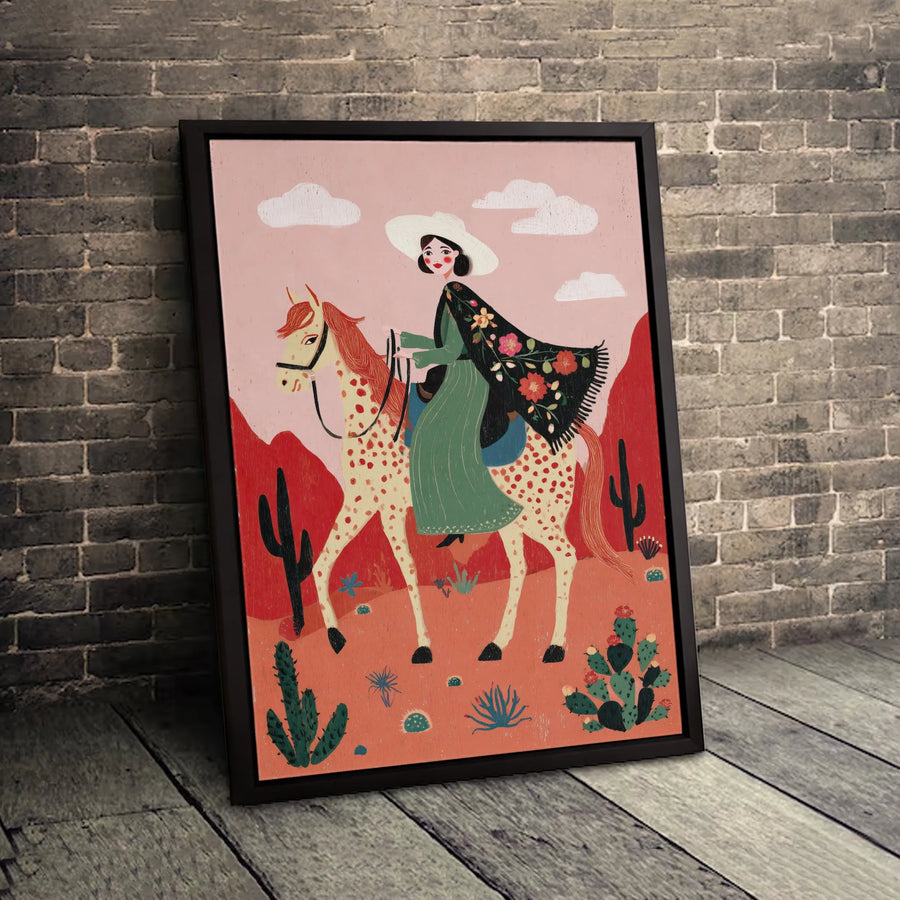 Western Cowgirl Canvas Wall Art | Folk Art Desert Cactus Decor | Premium Fade-Resistant Print | Southwestern Home Decor Gift