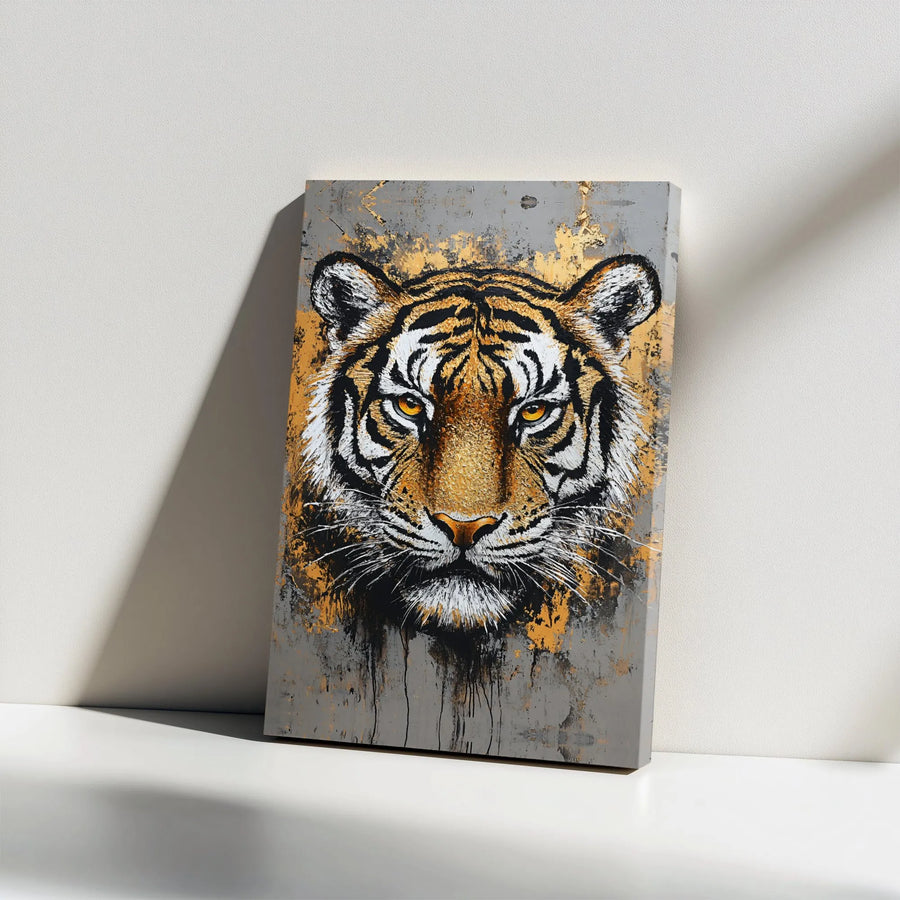 Abstract Tiger Canvas Wall Art | Golden Grey Animal Portrait | 1.25 Inch Gallery Wrap | Modern Home Office Decor Gift