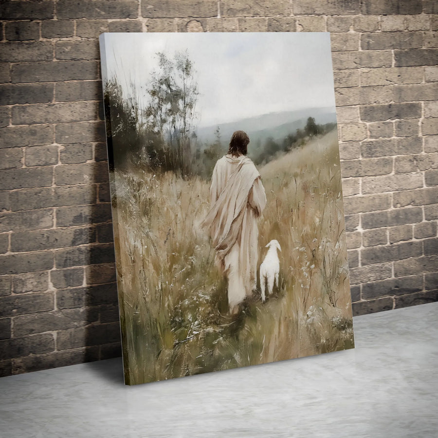 Good Shepherd Wall Art | Jesus Walking With Lamb Pastoral Painting | Premium Fade-Resistant Canvas | Religious Home Decor Gift