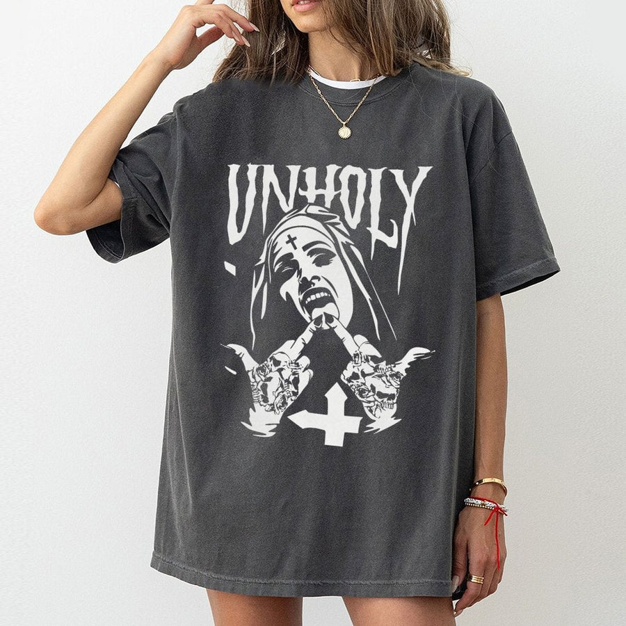 Unholy Nun Graphic T-Shirt | Edgy Gothic Skull Art Design | Premium 100% Cotton Apparel | Alternative Streetwear Gift For Men & Women