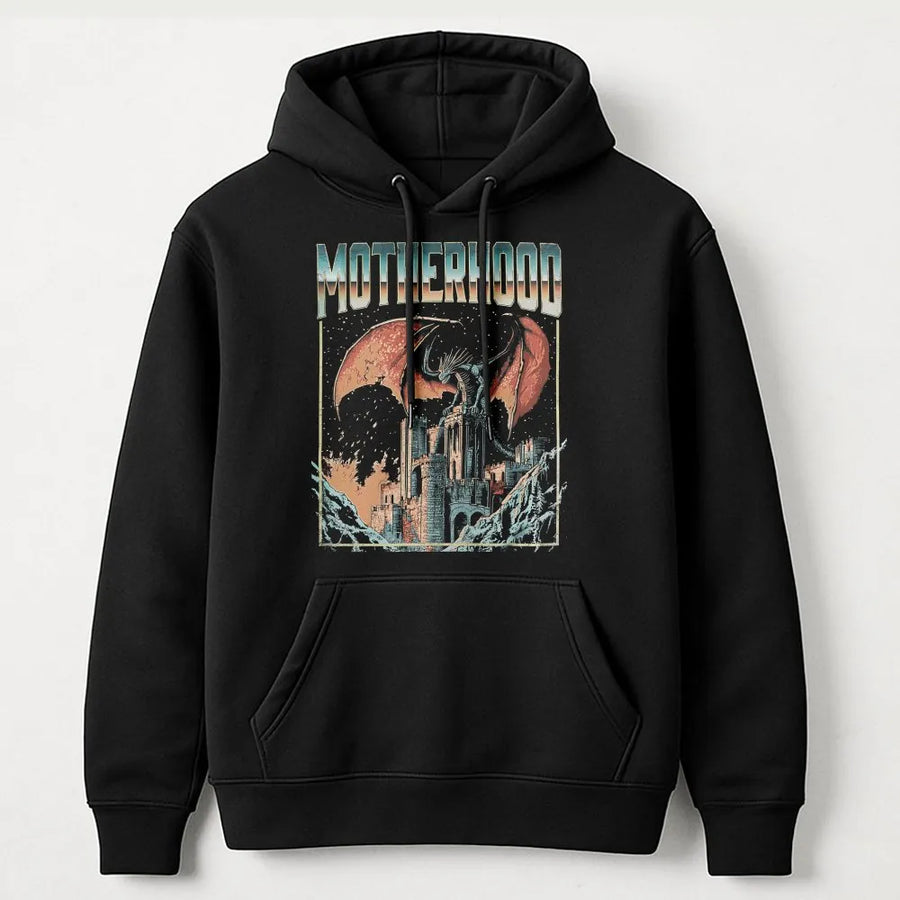 Motherhood Dragon Hoodie | Retro Dark Fantasy Graphic Sweatshirt | Premium Cotton Blend | Unique Gift for Mom Who Loves Fantasy Books