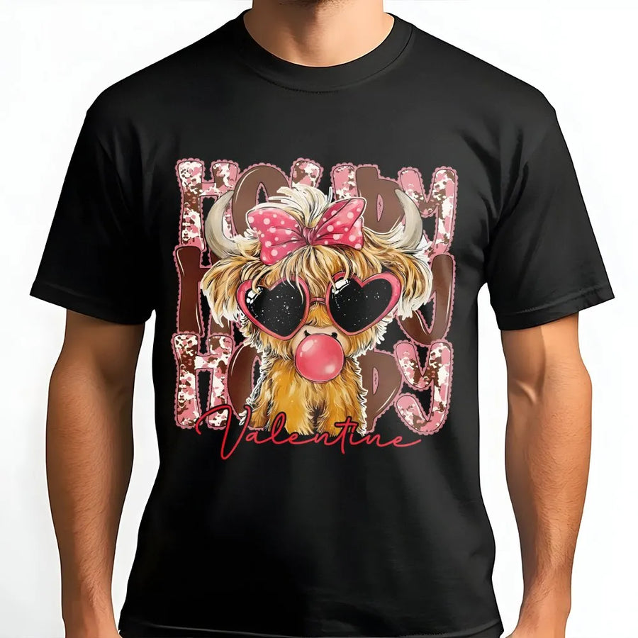 Valentine Highland Cow T-Shirt | Howdy Graphic Heart Sunglasses Print | Premium Soft Cotton Tee | Cute Farm Animal Gift For Her