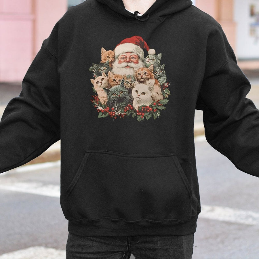 Santa Claus and Kittens Hoodie | Retro Christmas Cat Lover Graphic Sweatshirt | Premium Cotton-Blend | Holiday Gift for Women and Men