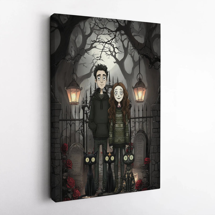 Gothic Couple Canvas Wall Art | Spooky Cemetery Illustration with Black Cats | Gallery-Wrapped Premium Decor | Unique Alternative Gift for Couples