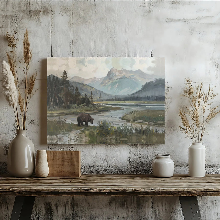 Brown Bear Landscape Canvas Wall Art | Mountain River Nature Painting | Gallery Wrap Premium Print | Rustic Lodge Home Decor Gift