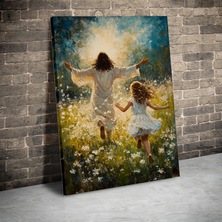 Jesus and Child Canvas Print | Floral Meadow Religious Wall Art | Premium Fade-Resistant Gallery Wrap | Meaningful Sympathy or Nursery Gift