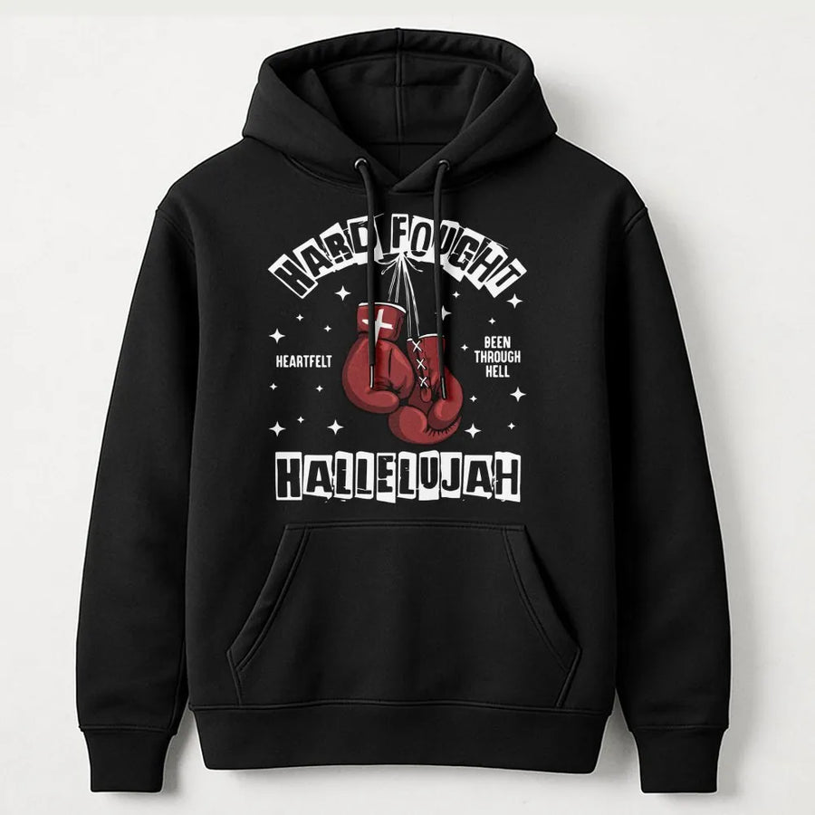 Hard Fought Hallelujah Hoodie | Christian Boxing Gloves Graphic | Cotton-Poly Blend Premium Apparel | Faith Warrior Motivation Gift For Men Women