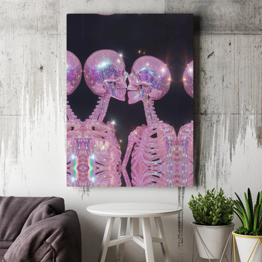 Kissing Skeletons Canvas Wall Art | Sparkly Pink Aesthetic Gothic Decor | Gallery-Quality 1.25 Inch Profile | Unique Romantic Gift for Couples