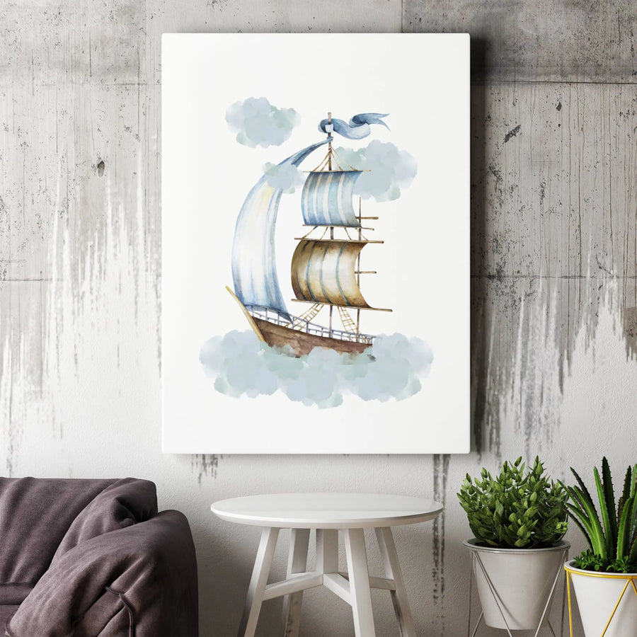 Watercolor Flying Ship Canvas Print | Dreamy Nautical Cloud Wall Art | Premium 1.25" Gallery Wrap | Whimsical Nursery or Office Decor