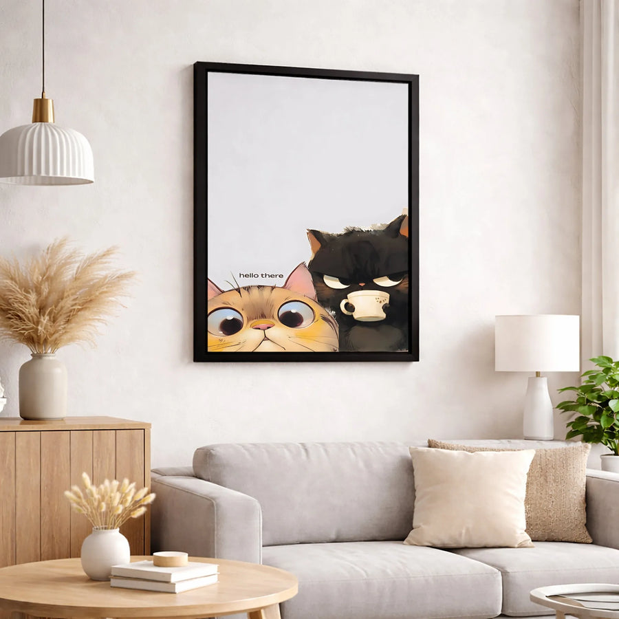 Cute Cat Coffee Canvas Wall Art | Funny Grumpy Kitten Cartoon Portrait | Premium Gallery Wrapped Print | Gift for Cat Lovers & Coffee Addicts