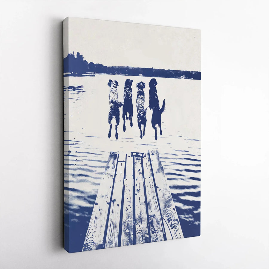 Dog Dock Jumping Wall Art | Blue and White Lake Scene Print | 1.25 Inch Gallery Wrapped Canvas | Modern Home Decor Gift for Dog Lovers