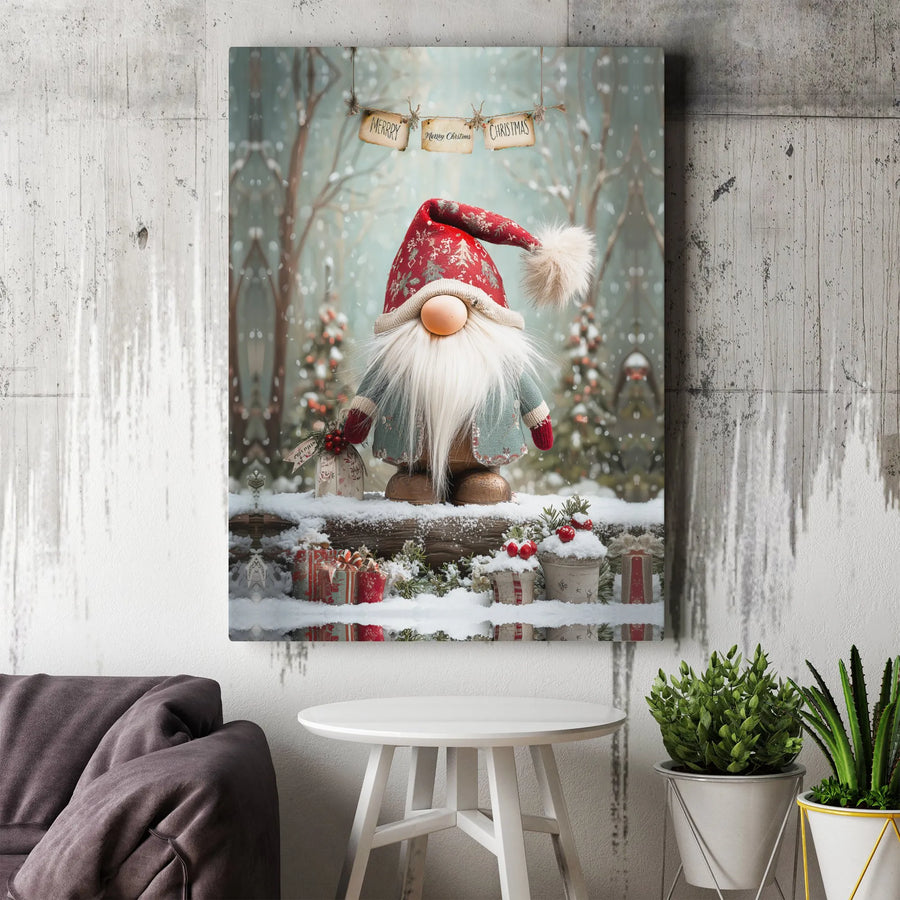 Christmas Gnome Canvas Wall Art | Snowy Winter Woodland Scene | Premium Gallery Wrap Decor | Festive Holiday Gift for Home