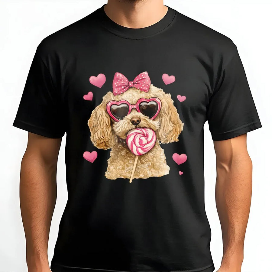 Valentine Dog T-Shirt | Cute Poodle with Hearts & Lollipop Graphic | 100% Premium Cotton Tee | Gift for Dog Mom & Puppy Lovers