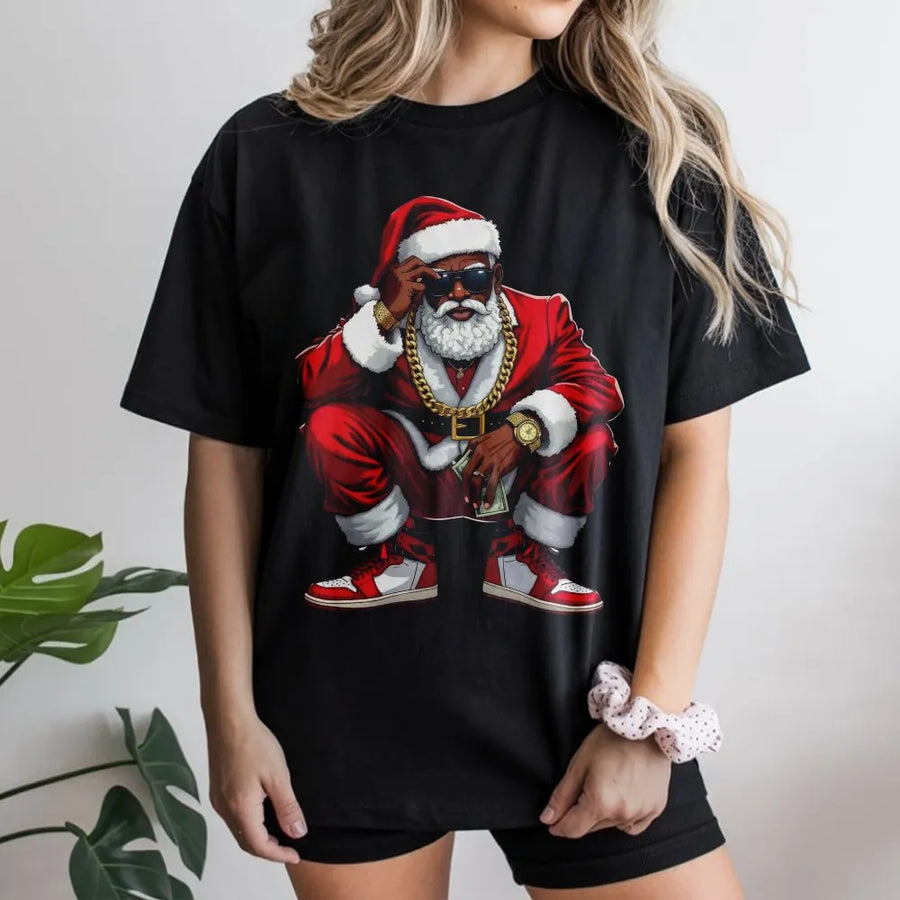 Black Santa T-Shirt | Hip Hop Christmas Graphic Tee | Premium 100% Cotton | Fun Holiday Apparel Gift For Him