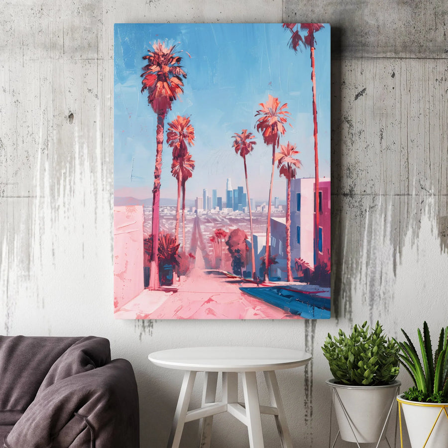 Los Angeles Cityscape Wall Art | Painterly Palm Tree Street View | Premium Gallery-Wrapped Canvas | Modern California Home Decor Gift