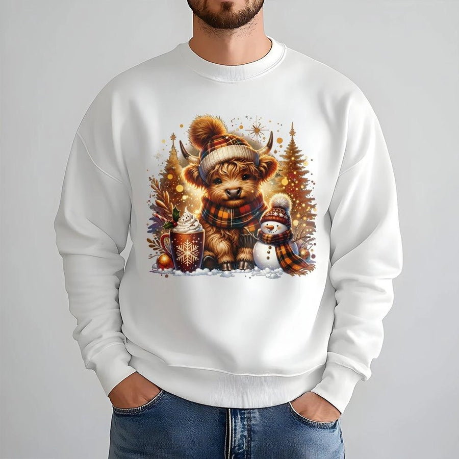 Highland Cow Christmas Sweatshirt | Cute Winter Animal Design with Snowman & Cocoa | Premium Soft Cotton Blend | Holiday Gift for Animal Lovers