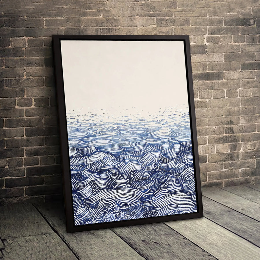 Abstract Ocean Waves Canvas Wall Art | Blue And White Linocut Print | Premium Fade-Resistant Gallery Wrap | Modern Home Office Decor Gift