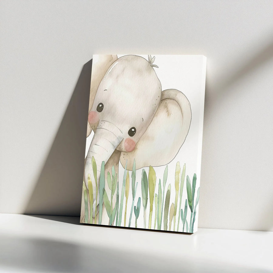 Baby Elephant Canvas Wall Art | Watercolor Safari Animal Painting | Premium Thick Gallery Wrap Canvas | Gender Neutral Nursery Decor Gift for Kids Room