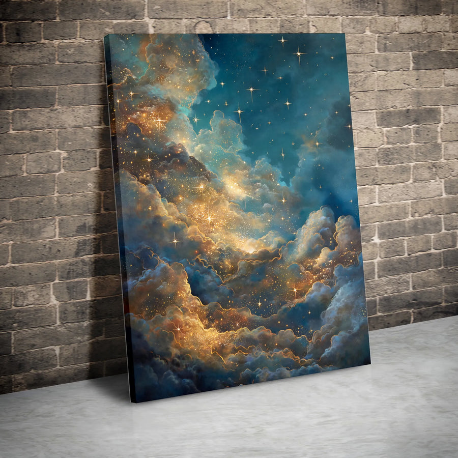 Celestial Sky Wall Art | Golden Cloud & Sparkling Star Galaxy Print | Gallery-Quality 1.25" Canvas | Modern Home & Office Decor Gift