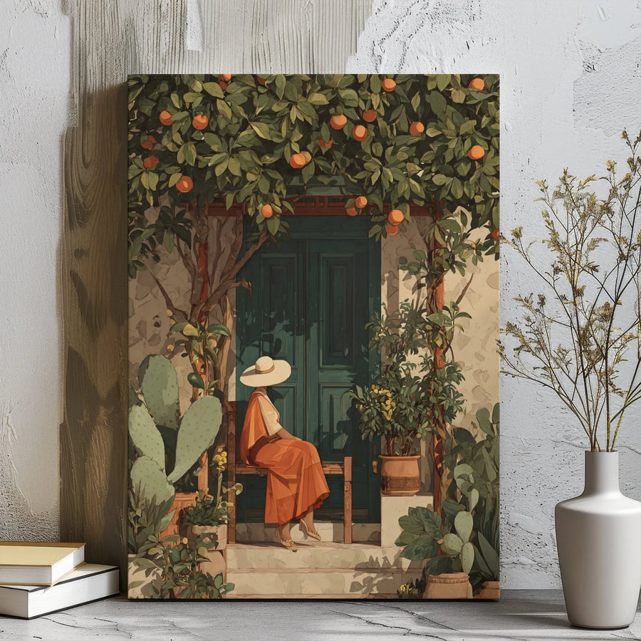 Mediterranean Porch Wall Art | Woman Under Orange Tree Canvas Print | 1.25 Inch Gallery Wrap | Elegant Coastal Home Decor Gift