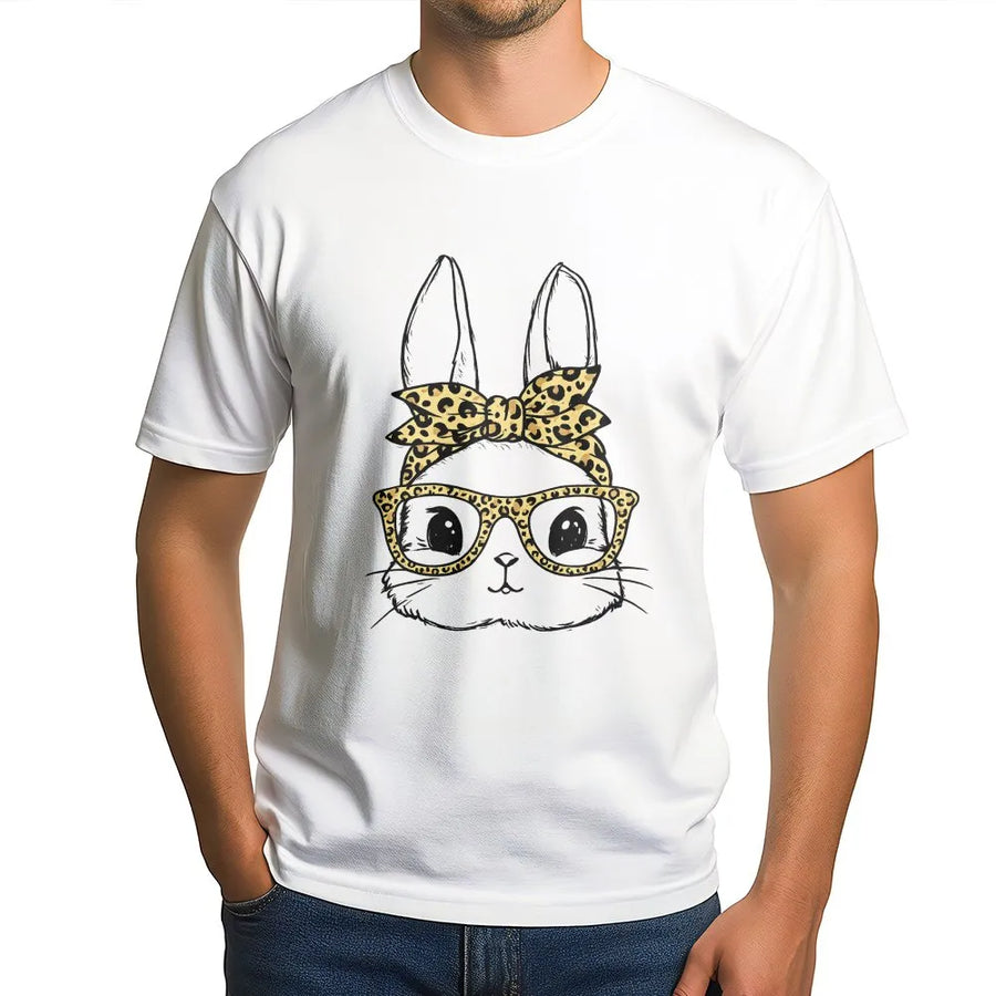 Easter Bunny T-Shirt | Leopard Print Glasses and Bandana Graphic | Premium 100% Cotton | Cute Spring Holiday Gift for Women and Kids