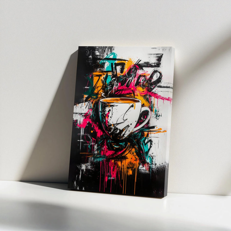 Abstract Coffee Cup Canvas Wall Art | Street Art Graffiti Style Print | Premium Fade-Resistant Ink | Modern Kitchen Decor Gift for Coffee Lover