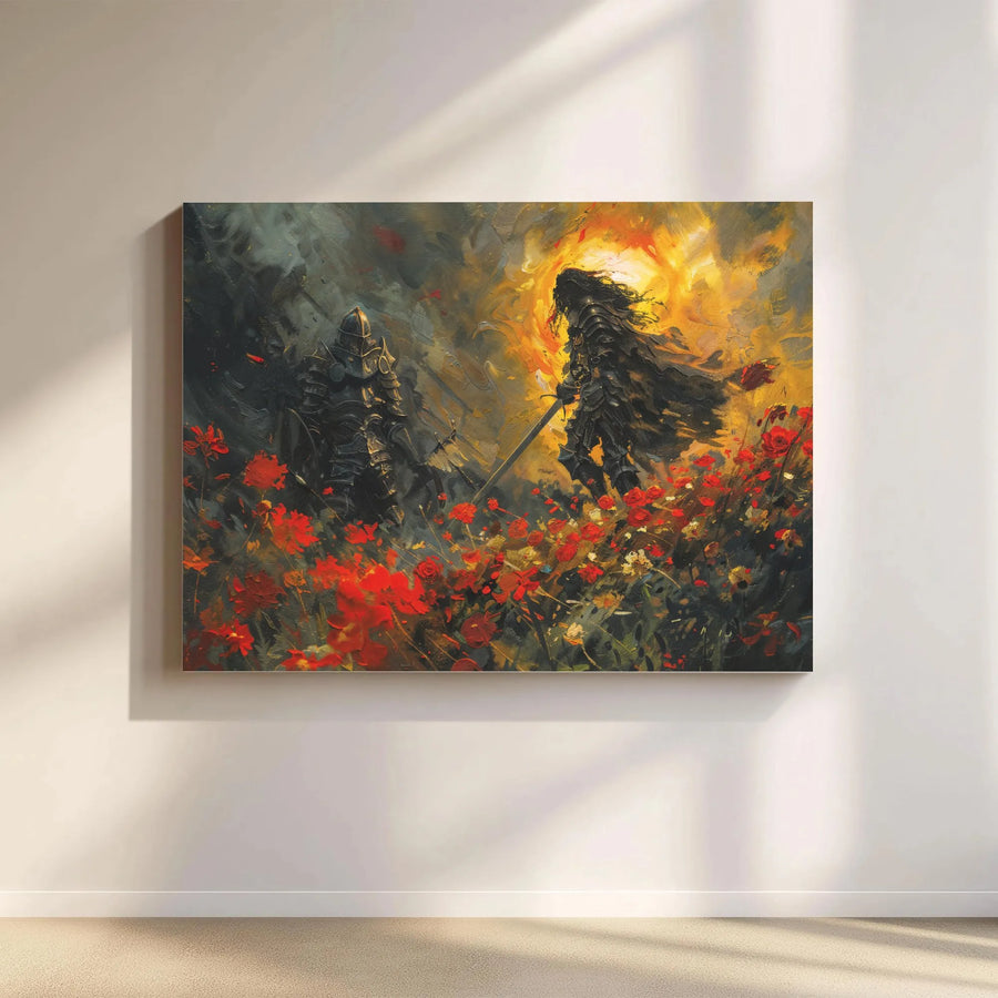 Knight Wall Art Canvas | Dark Fantasy Medieval Battle Scene | Premium Gallery Wrap Print | Epic Home Decor Gift for Fantasy Lovers