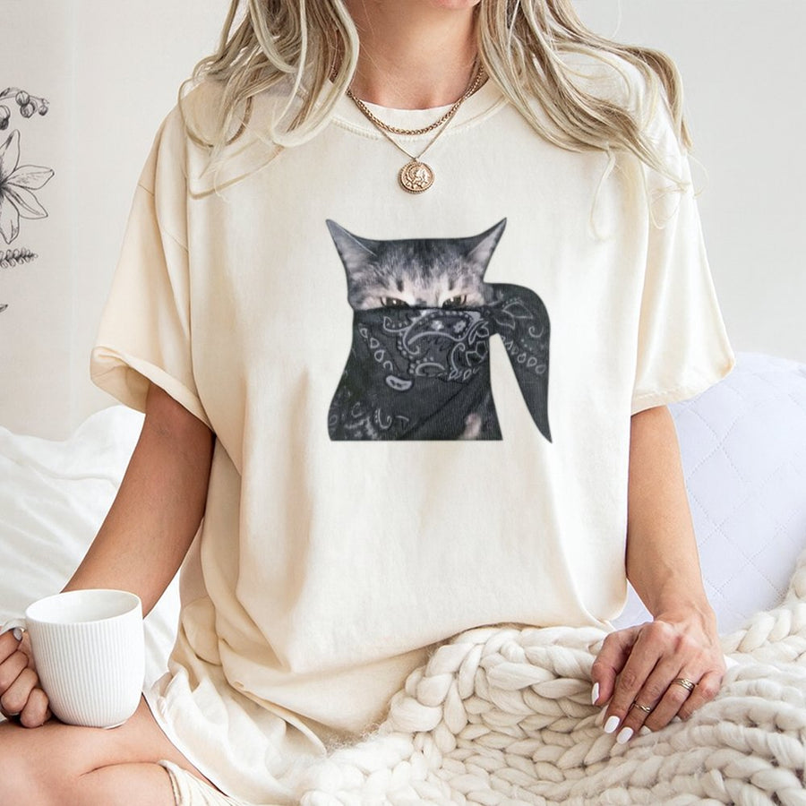Outlaw Cat Graphic T-Shirt | Funny Bandana Kitten Meme Design | Premium 100% Cotton Tee | Gift for Cat Lovers & Meme Enthusiasts