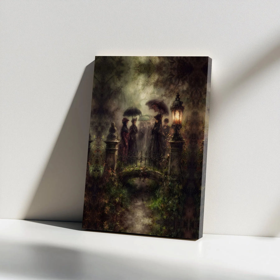 Victorian Bridge Canvas Wall Art | Moody Misty Garden Landscape | Gallery Wrap Premium Print | Dark Academia Home Decor Gift