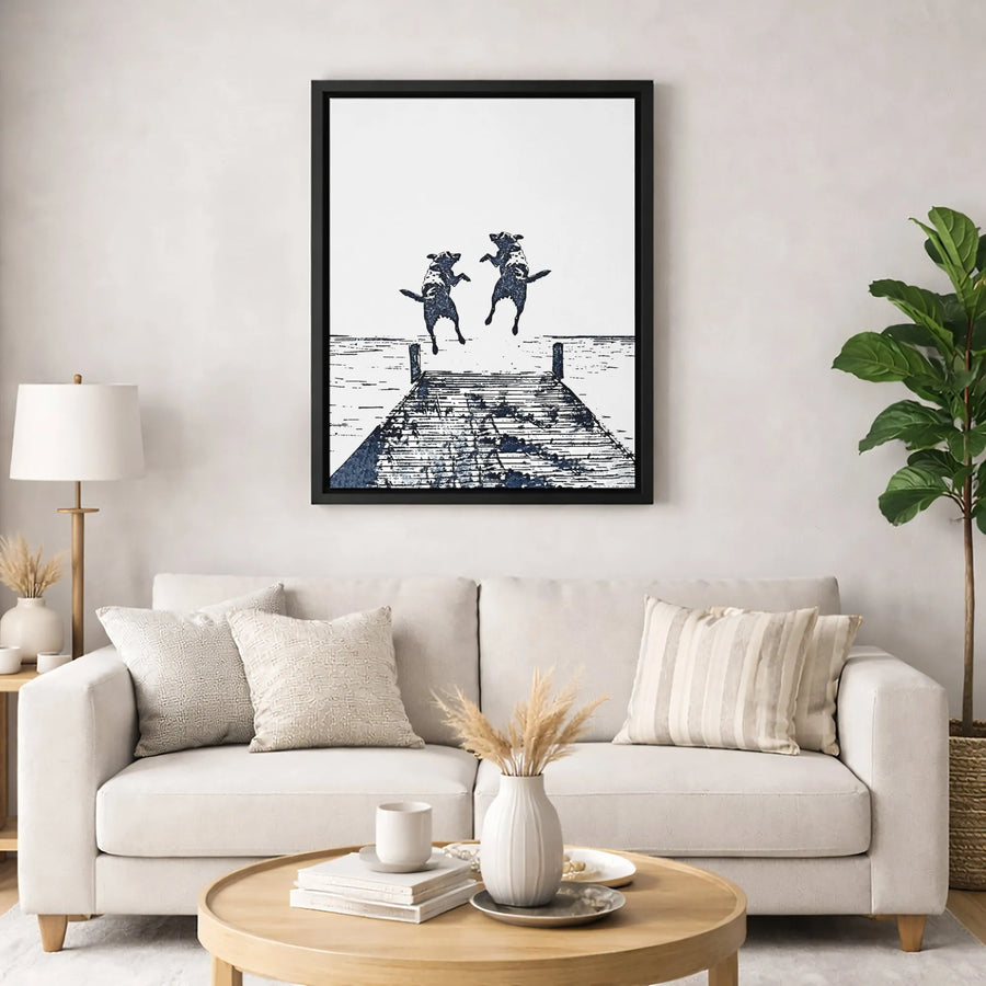 Dog Dock Jumping Wall Art | Playful Labrador Lake Scene Print | Premium Gallery Wrapped Canvas | Gift for Dog Lovers & Pet Owners