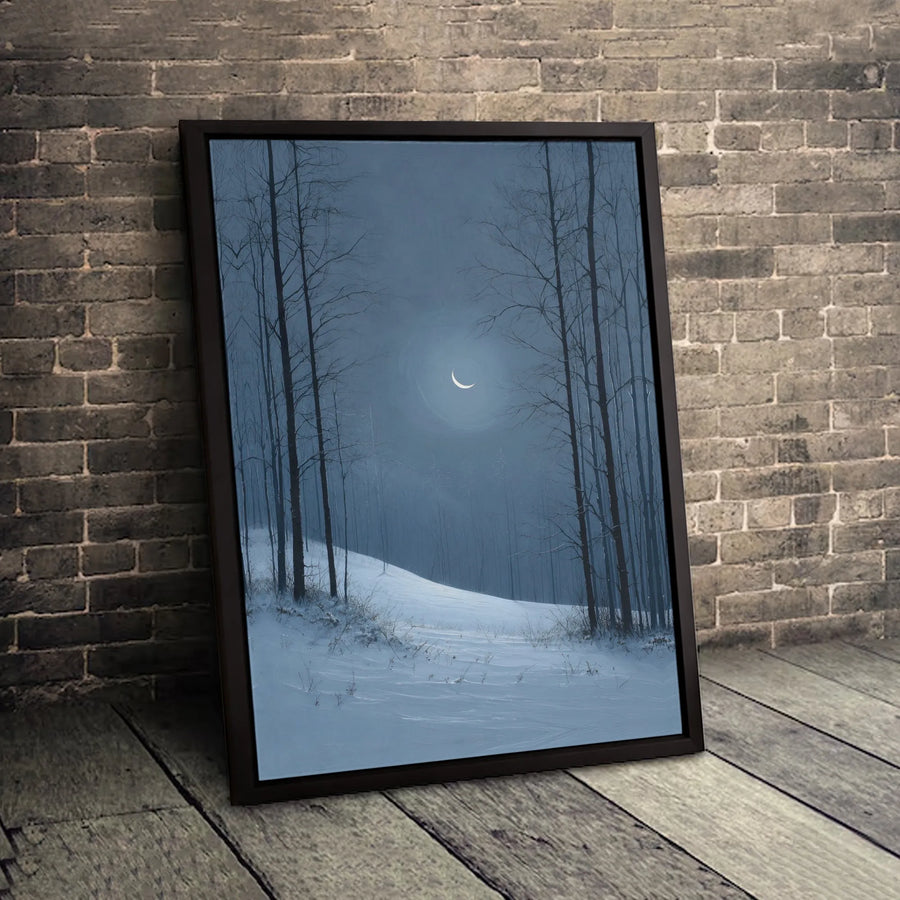 Winter Forest Canvas Wall Art | Crescent Moon Night Scene | Premium Gallery Wrap 1.25" Profile | Serene Landscape Decor For Living Room
