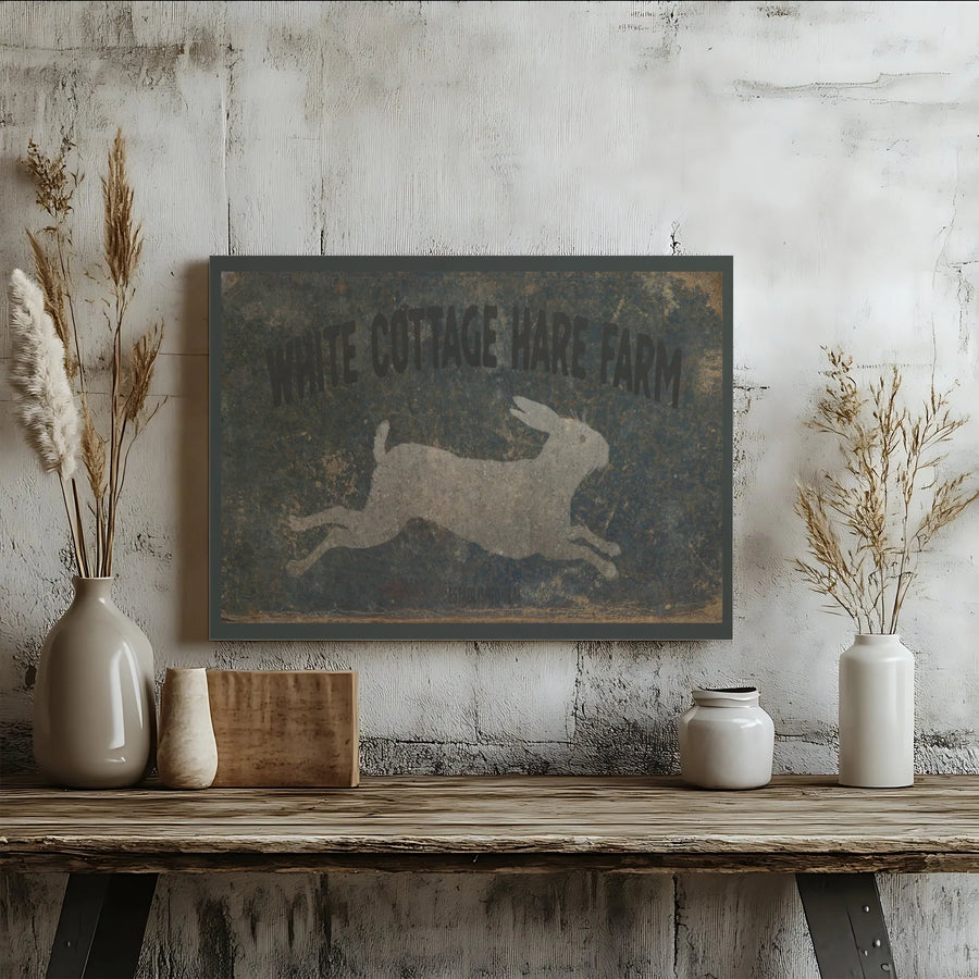 Vintage Rabbit Sign Canvas Wall Art | White Cottage Hare Farm Print | Premium Gallery Wrapped Canvas | Rustic Country Home Decor Gift