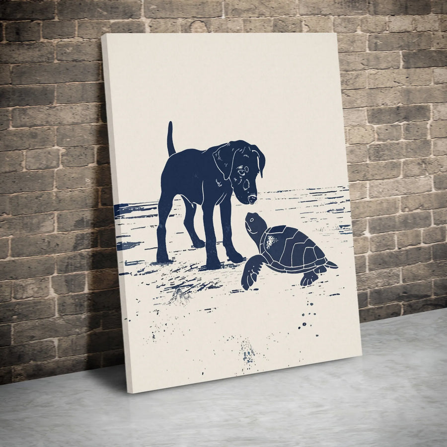 Dog and Sea Turtle Wall Art | Minimalist Coastal Beach Decor | Premium 1.25" Gallery Canvas | Animal Lover Gift Idea