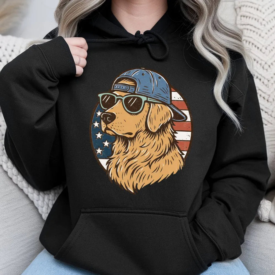 Golden Retriever Hoodie | Patriotic USA Flag Dog Print | Premium Cotton-Poly Blend | Unisex Gift for Dog Lovers