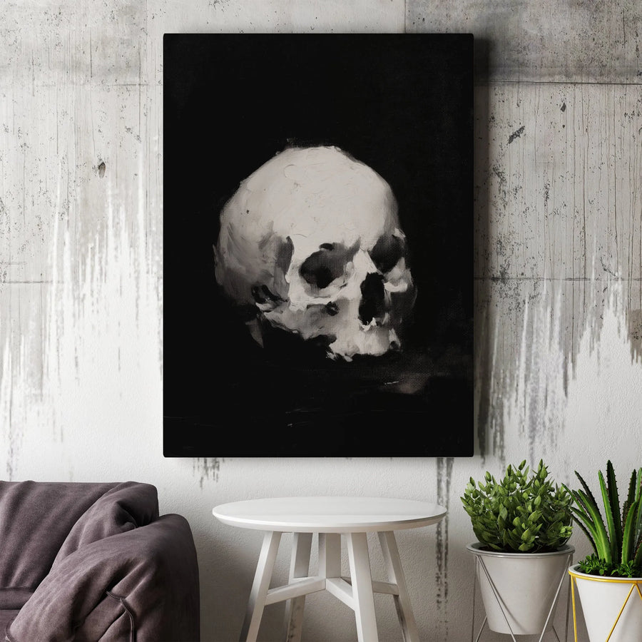 Skull Canvas Wall Art | Painterly Black and White Human Skull Print | 1.25-Inch Thick Premium Gallery Canvas | Gothic Home Decor & Office Art
