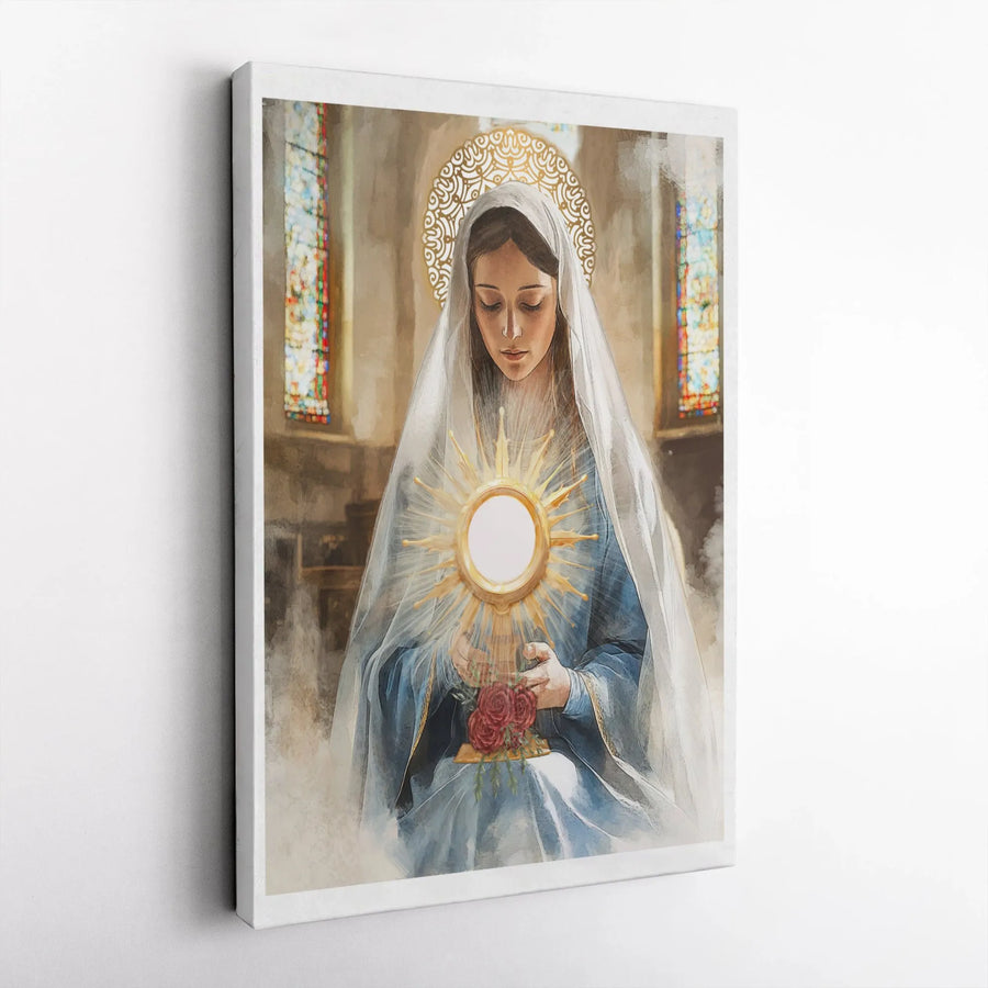 Virgin Mary Canvas Print | Eucharistic Adoration Monstrance Art | Premium Gallery Wrap Wall Decor | Catholic Home Religious Gift