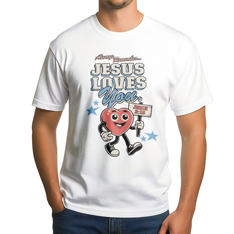 Jesus Loves You T-Shirt | Retro Cartoon Heart Graphic Tee | Premium Cotton Christian Apparel | Faith-Based Religious Easter Gift For Believers