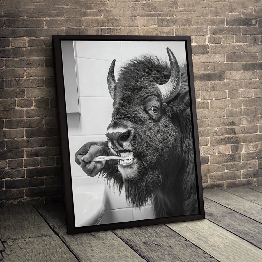 Bison Brushing Teeth Bathroom Wall Art | Funny Animal Portrait | Premium Gallery Wrapped Canvas | Whimsical Home Decor Gift