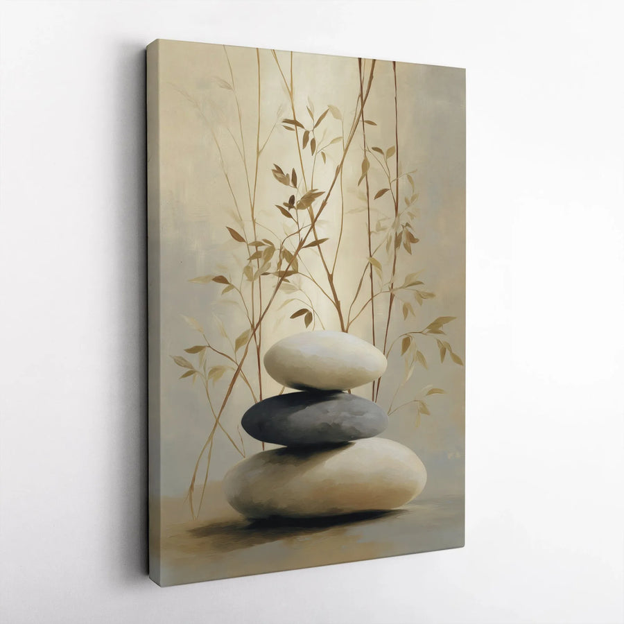 Zen Stacked Stones Vertical Canvas | Minimalist Bamboo Painting Wall Art | Premium Thick Gallery Wrap Canvas | Meditation Room Decor Gift