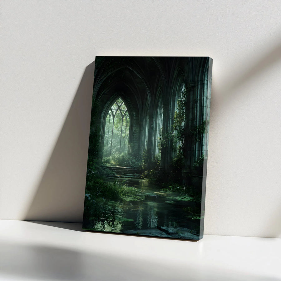 Gothic Cathedral Ruins Canvas | Overgrown Forest Sanctuary Wall Art | Premium 1.25" Gallery Wrap | Dark Academia Home Decor Gift