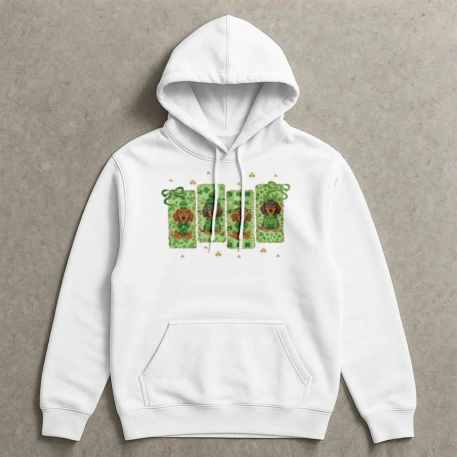 Dachshund St Patrick's Day Hoodie | Cute Lucky Shamrock Sausage Dog Graphic | Premium Cotton Blend Unisex Sweatshirt | Gift For Dog Lovers
