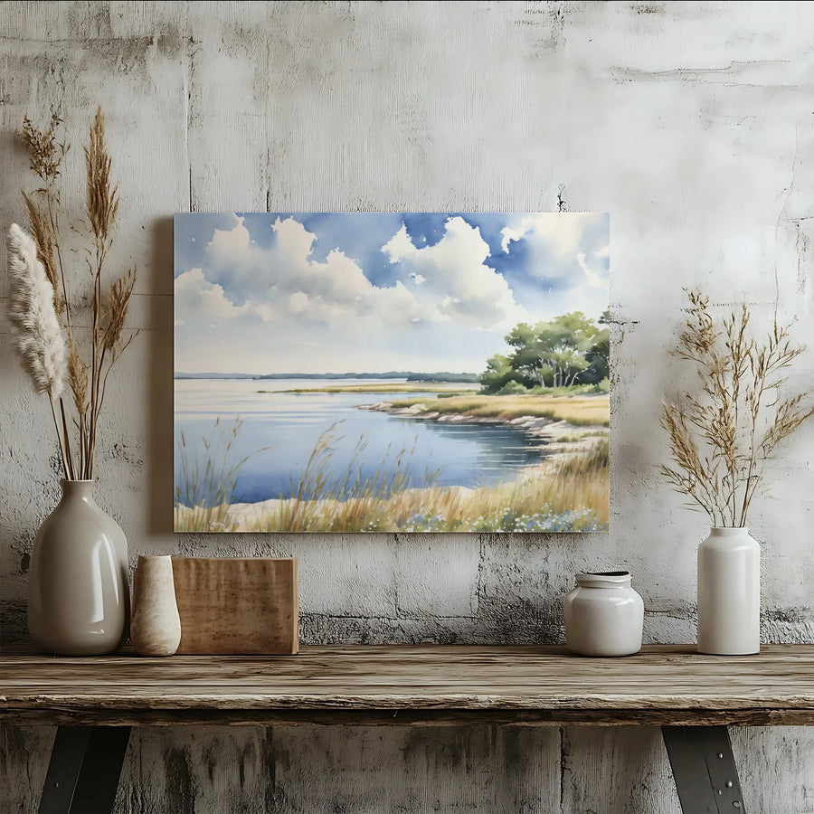 Coastal Landscape Canvas Print | Serene Watercolor Bay Painting | Premium Thick Profile Wall Art | Beach House Decor Gift