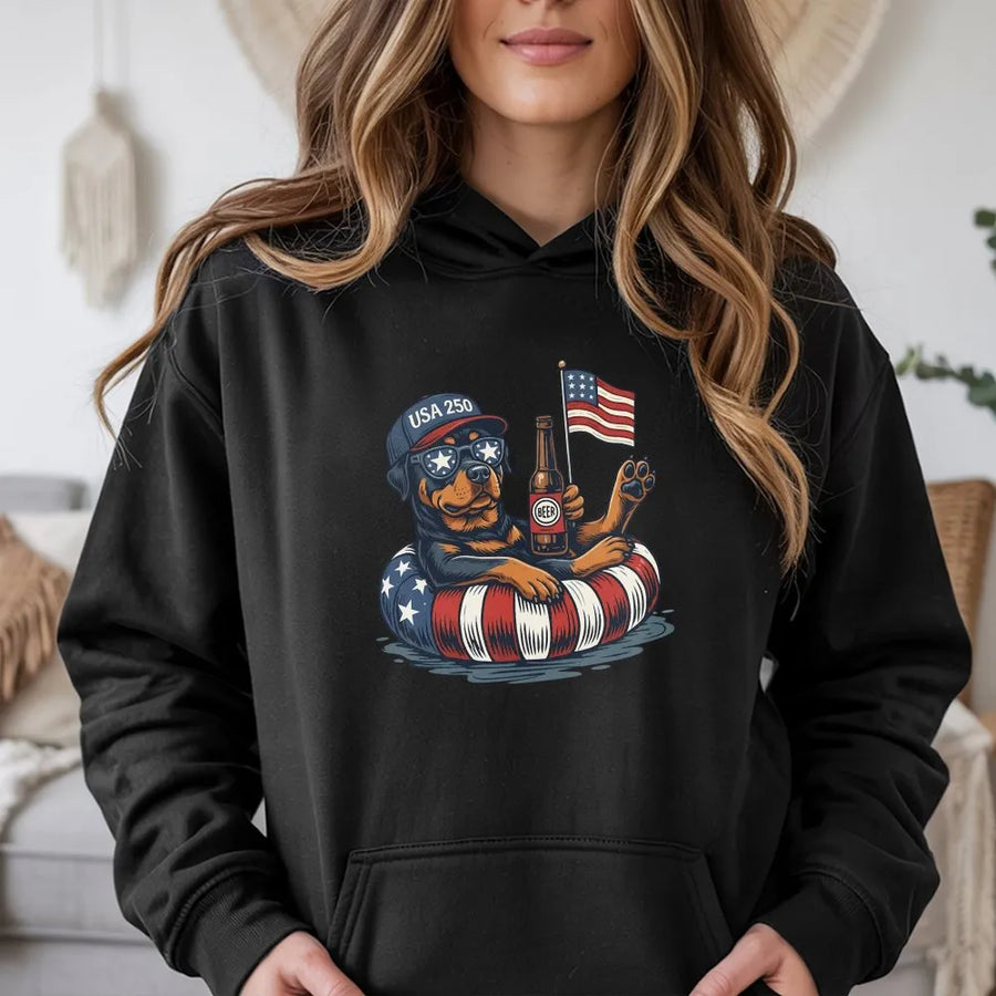 Patriotic Rottweiler Hoodie | Funny USA 250 American Flag Graphic | Premium Unisex Pullover | Gift for Patriotic Dog Lover